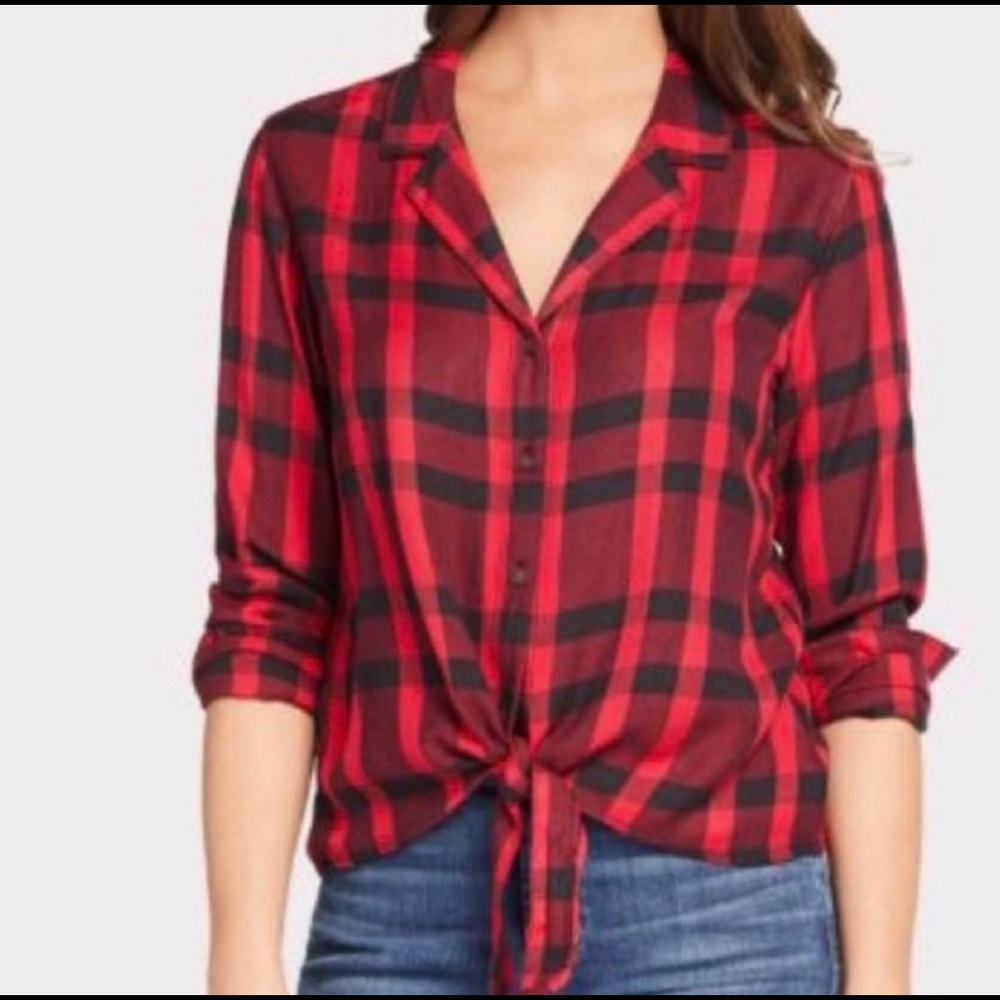 Sanctuary Buffalo Plaid Long Sleeve Tie knot Top button up